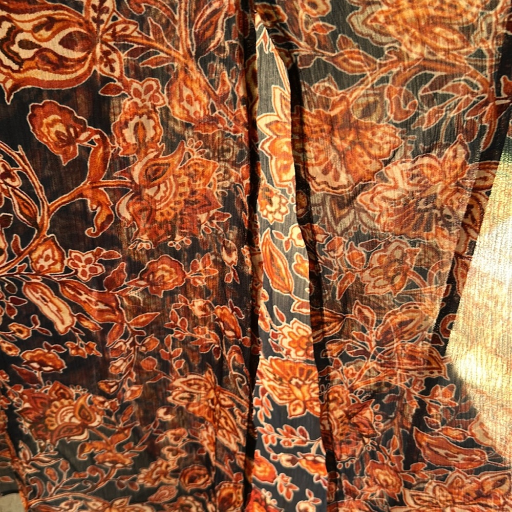 Xhileration Floral Maxi Boho Dress - Navy & Orange Floral. Tassel Ties & Slits - Picture 7 of 11